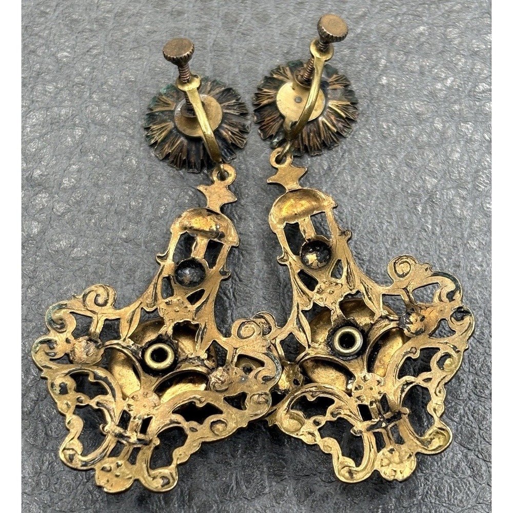 Vintage Czech Art Nouveau Deco Glass Cabochon Flower Dangle Earrings Brass Tone - Picture 8 of 10